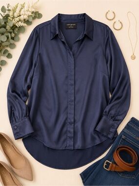 Lane Bryant Navy Satin Button Down Blouse Size 16 High Low
